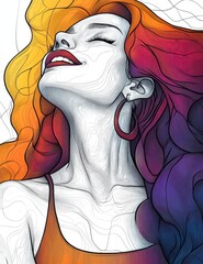 Vibrant Hair and Joy: A stylized illustration captures a woman with flowing, multicolored hair basking in radiant happiness and contentment.