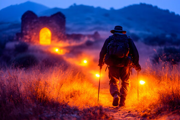 Hiker walks toward ruins at dusk, torches lighting path. Travel blog, adventure story