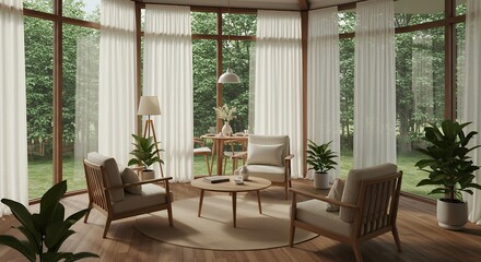 Cozy interior with chairs, table, plants, and bright light from large windows