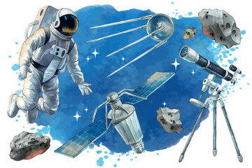 Watercolor set of space illustrations. An astronaut in spacesuit, satellites, telescope, meteorite and a starry sky. Watercolor cosmic illustration