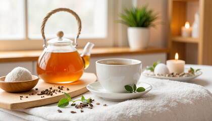 Herbal tea enjoyment in elegant spa lounge, relaxation concept