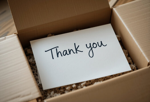 Thank you note inside opened cardboard box, adding a personal touch to the surprise gift, conveying gratitude
