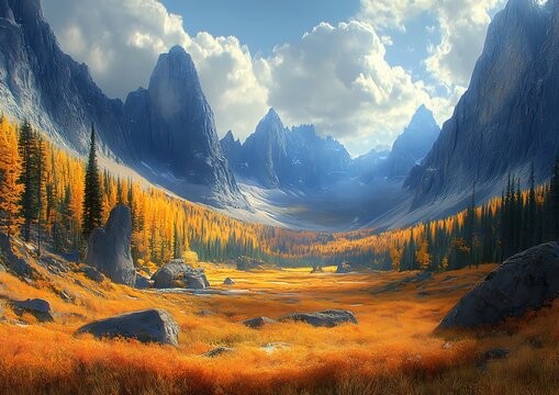 Majestic mountain landscape featuring a vibrant autumn season meadow and forests - Powered by Adobe