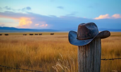 Cowboy hat rests on a weathered fence post.