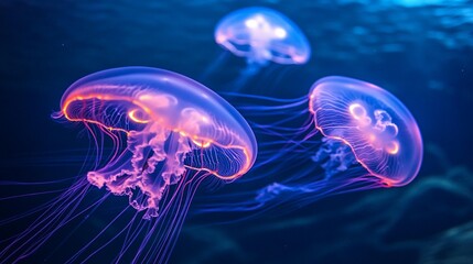 Three luminous jellyfish gracefully swim in a deep blue ocean, their translucent bodies glowing with vibrant pink and purple hues.