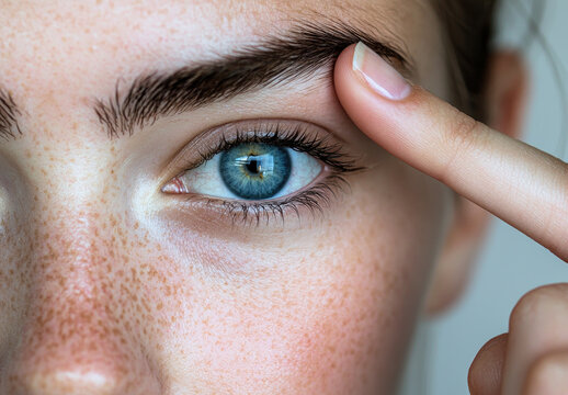Close-up of a woman's blue eye looking straight ahead with a finger raising her eyebrow. Generative AI.