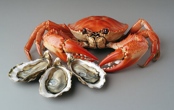 Still life of spider crab and oysters on a dark gray background. Generative AI.