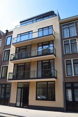 Fototapeta premium A contemporary structure featuring numerous balconies and expansive windows, beautifully located in an urban setting under the radiant sunlight