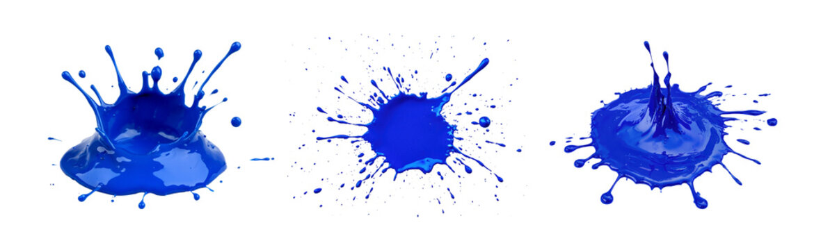 Set of flowing blue paint splashes, clipping path. AI generative.