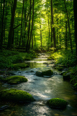 Obraz premium Serene Rivulet Flowing Through Verdant Forest Under Dappled Sunlight, Nature's Tranquil Symphony