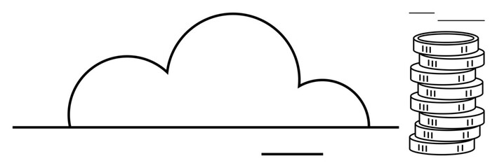 Cloud silhouette next to a stack of coins representing data storage, economic growth, or savings. Ideal for technology, finance, investment, cloud computing, business innovation security. Minimal