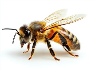 Close-up of a honeybee, showcasing its intricate details and textures