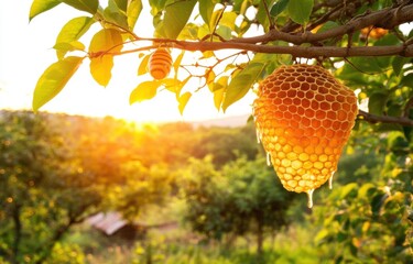 Honeycomb dripping with golden honey at sunset in orchard