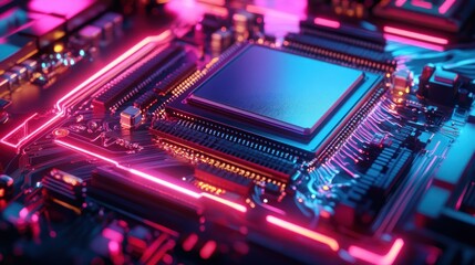 Fototapeta premium HighTech Microchip with Neon Lighting Futuristic Circuit Board Design for Technology and Inno
