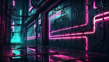 Obraz premium Futuristic neon lit city street at night