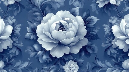 Blue floral pattern Large white peonies on navy background for textile design