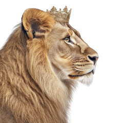 Obraz premium Majestic lion with a golden crown on its head showcasing regal presence against a transparent background