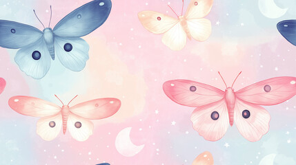 Seamless repeat pattern of moon moths in soft pastel shades