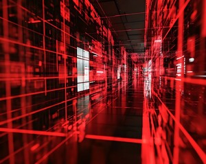 A futuristic corridor rendered with red grid lines and reflections