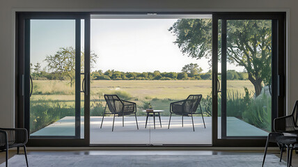 Fototapeta premium Modern patio with sliding glass doors overlooking a grassy field