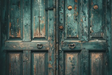 Fototapeta premium Photo of Dark color peeling wooden door of old abandoned residential building. Detailed image