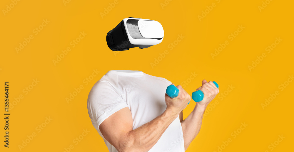 Poster a person is immersed in a virtual reality experience while holding dumbbells. the background is brig