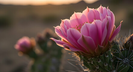 Pink Desert Cactus Flower At Sunset
