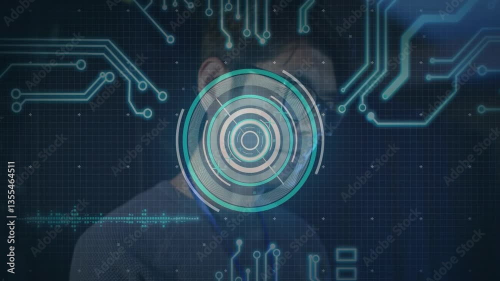 Poster digital animation overlaying futuristic circuit patterns on person in school setting