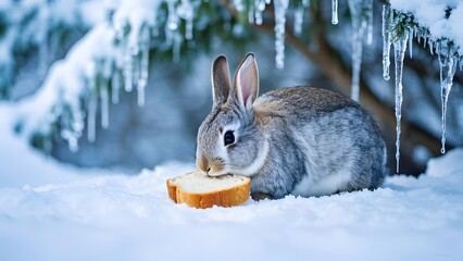 A small rabbit with thick fur eating a piece of bread in a snowy wonderland