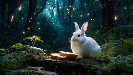 Enchanting White Rabbit in a Mystical Forest with Floating Lights
