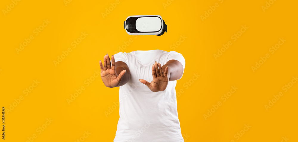 Aufkleber a user engages with virtual reality in a modern setting. wearing a headset, they raise their hands, 