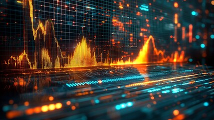 Futuristic stock market data visualization with dynamic graphs and charts showing market trends and fluctuations.