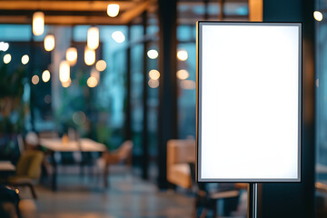 Blank digital poster in warm cozy cafe with blurred lighting for menu promotion, lifestyle branding, seasonal offers, and small business marketing concept