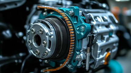 Fototapeta premium Close-up of a modern car engine's timing belt and pulley system.
