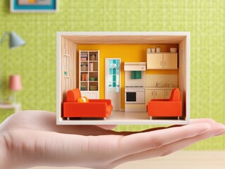 Hand holding miniature living room and kitchen