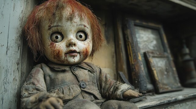 Bloody doll sits on shelf in dusty room with spooky relics