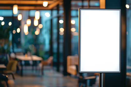 Blank digital poster in warm cozy cafe with blurred lighting for menu promotion, lifestyle branding, seasonal offers, and small business marketing concept