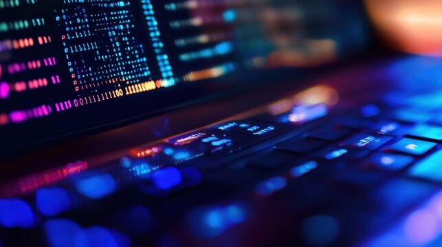 Neon Glow Coding on Laptop in Dark Room.