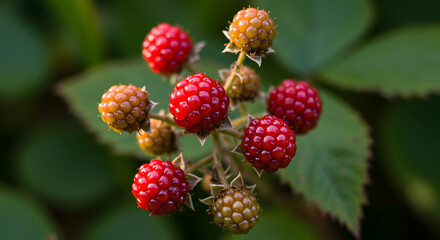 Cluster of Wild Raspberries Ripening on Stem in Natural Light