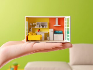 Hand holding miniature kitchen interior design model