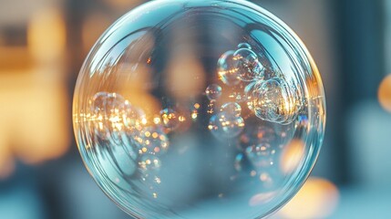 Large soap bubble with smaller bubbles inside reflecting warm light.