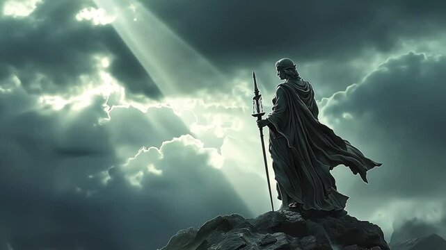 Epic Warrior Statue Standing on Mountain with Rays of Light 