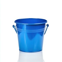 A bright blue metal bucket rests against a clean white backdrop, providing a vivid pop of color and simplicity.
