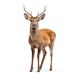 Fototapeta premium Graceful deer standing alone against a pure white backdrop, showcasing its elegant form and natural beauty.