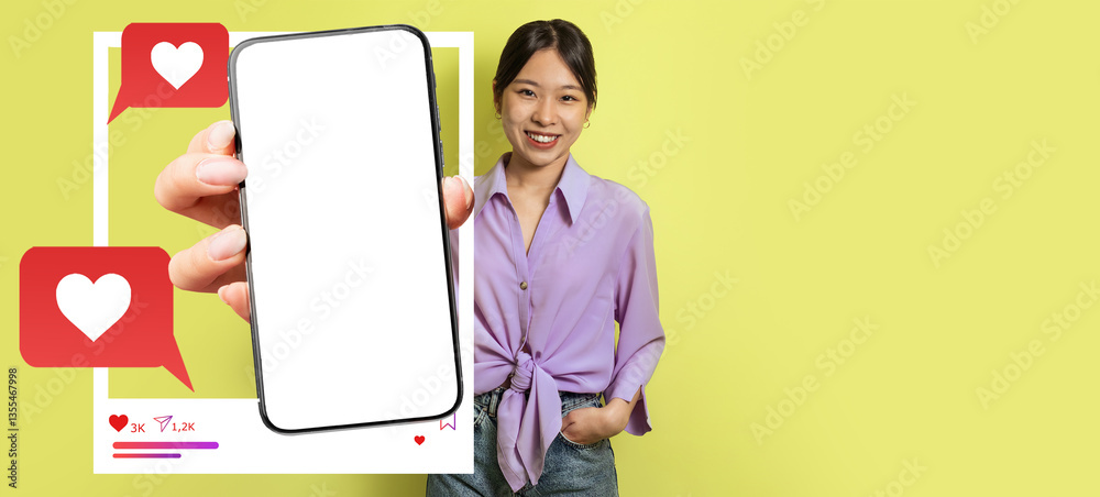 Poster an influencer stands against a bright yellow background, holding a smartphone with a blank screen, h