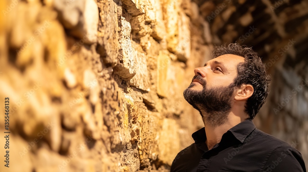 Aufkleber Thoughtful man observing a historic stone wall while exploring a quiet architectural space : Generative AI