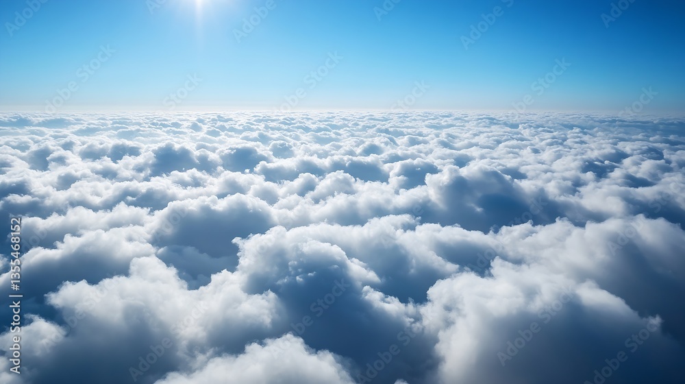 Poster Vast aerial view of fluffy clouds against a bright blue sky creating a serene backdrop : Generative AI