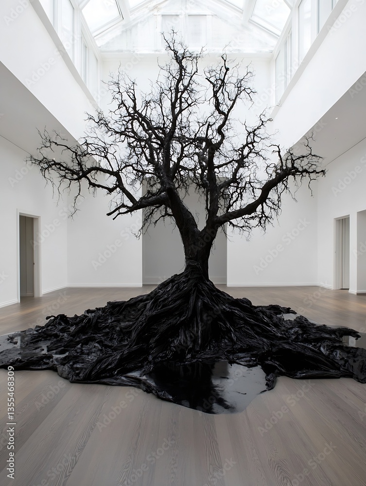 Poster Striking artistic installation of a black tree with twisted roots in a modern gallery setting : Generative AI