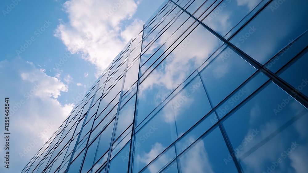 Leinwandbilder Reflective glass skyscraper reaching towards the blue sky with soft cloud coverage : Generative AI