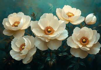 White Peonies with Golden Centers Against a Soft Teal Background

